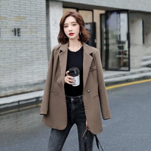 Women Blazer Coat Vintage Notched Collar Pocket 2021 Fashion Female Casual Chic Tops Brown/Black Blazer Suits Woman Slim Jacket