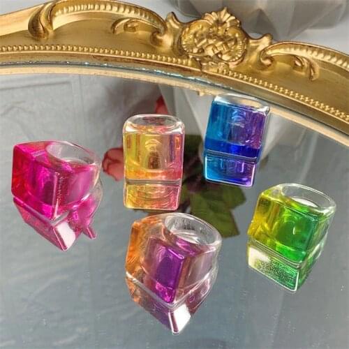 2021 New Korea Harajuku Shiny Square Colorful Transparent Geometric Resin Acrylic Rings For Women Girls Summer Hot Sale Jewelry