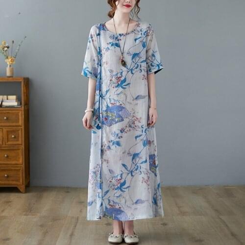 Women Summer Cotton Long Dress New Arrival 2021 Chinese Style Vintage O-neck Print Loose Ladies Elegant A-line Maxi Dresses B657