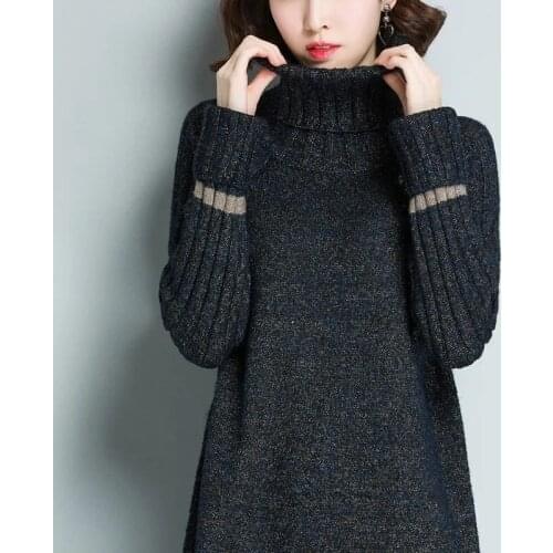 Long Sweater Dress New Women Pullover 2021 Autumn Winter Striped Loose Sweater High collar Long Sleeve Cusual Shirt Female Tops