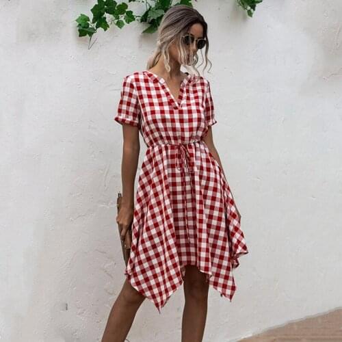2021 Lady Plaid Dress Classic Black White Plaid Dresses Women Short Sleeve Summer Dress Red Khaki Fashion V-neck Irregular Dress