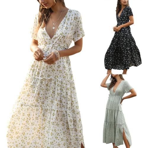Women Summer Bohemian Dress, Full Floral Deep V-Neck Short Sleeves Loose Skirt with Slit Hem for Girls, 3 Colors