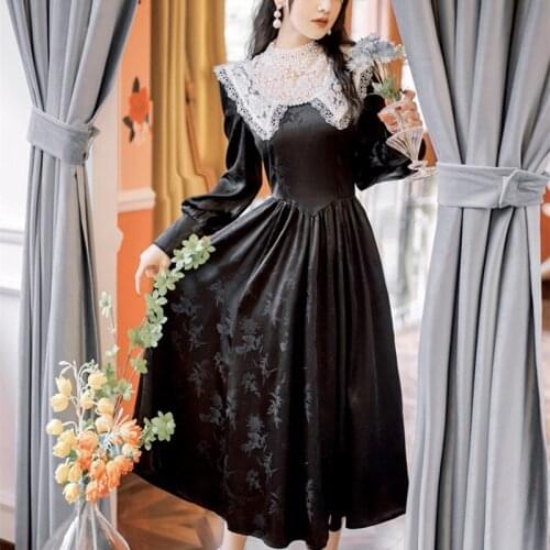 Court Style Black Jacquard Retro Dress DesignSense Lace Hollow Half High Collar Lady Fashion Dress Versatile Temperament Vestido