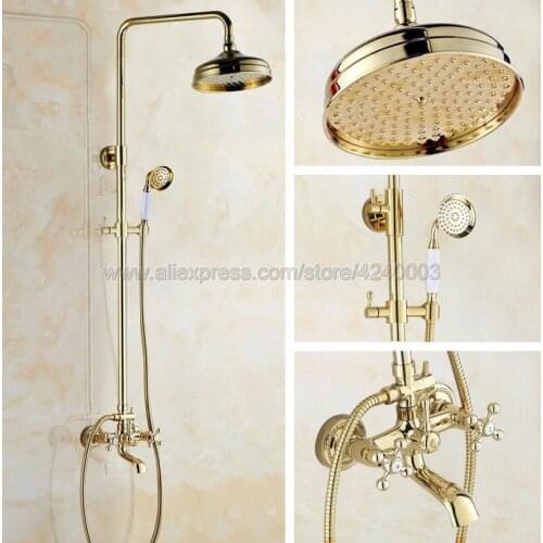 Gold Polished 8" Rainfall Round Showerhead Bathroom Shower Mixer Taps Wall Mount Tub Shower Faucet with Handshower Kgf351