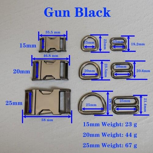 1 Set 15/20/25mm Metal Gun Black D Ring Belt Straps Slider Side Release Buckle Spring Hook For Dog Collar Accessories