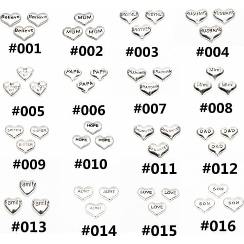 Newest 12pcs/lot love Mom Charms heart papa Floating Charms for Floating Memory charms Lockets DIY Jewelry