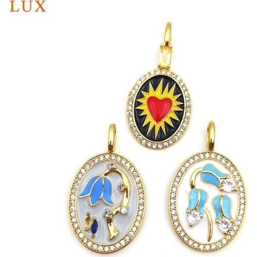 5pcs Delicacy Flower Heart Shape Pendants Shiny Cubic Zircon Brass Plated Gold Oval Pendant For Women Necklace Making Jewelry