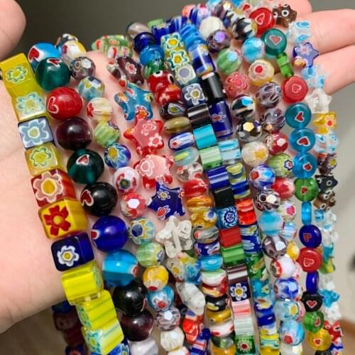 Flower Heart Patterns Millefiori Lampwork Round Glass Beads Cube Star Loose Bead for Jewelry Bracelet Earrings DIY Making 15inch
