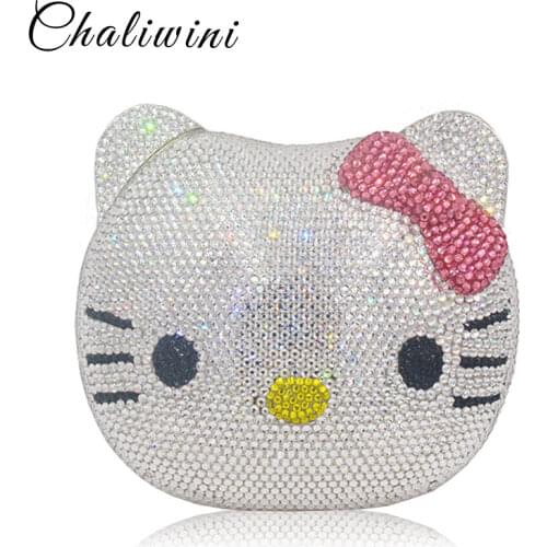 Chaliwini Hello Kittty Women Crystal Evening Bags Hard Case Hand Made Diamond Minaudiere Handbags Animial Clutch Purses