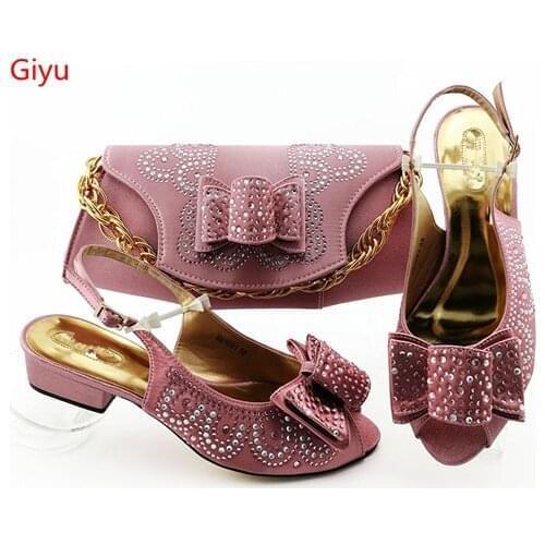 Doershow New Arrival African Wedding Shoes and Bag Set pink Italian Shoes with Matching Bags Nigerian Women party!SBZ1-5