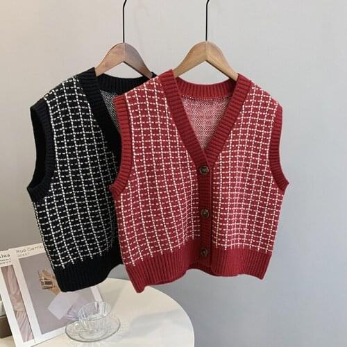 HXJJP 2021 Spring Autumn Plaid V-neck Sleeveless Sweater Women Outerwear Cardigan Knitted Loose Short Casual Sweater Vest 9138