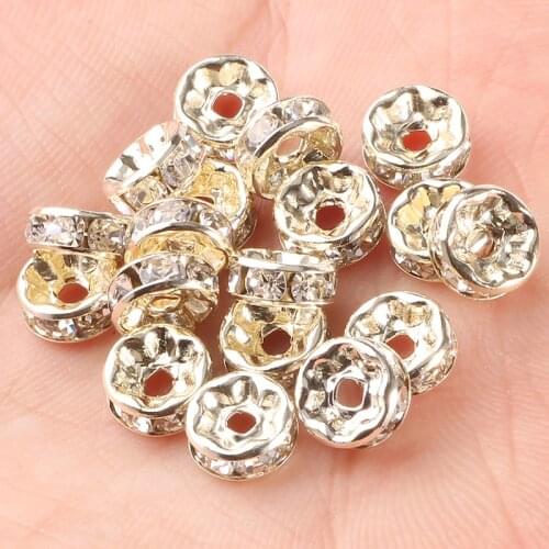 50pcs/lot 4 6 8 10mm Light Gold Plated Rhinestone Rondelle Crystal Round Loose Spacer Beads for Jewelry Making DIY Bracelet