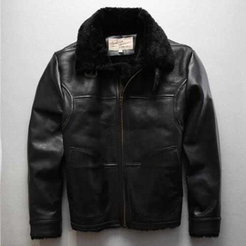 Avirex fly mens real fur jacket militaly flight jacket Sheep Shearing winter leather coat men pilot suit male black M-XXL