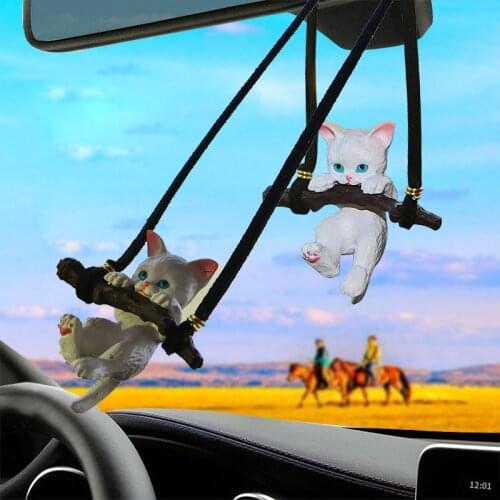 Cute Branch Hanging Cat Car Pendants Interior Decoration Resin Swing Cat Duck Ornaments Car Rearview Mirror Pendant Charms