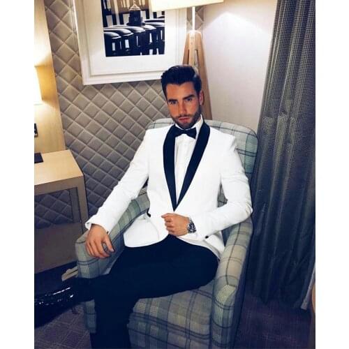 2 Pieces White Mens Wedding Suits Shawl Lapel Groom Formal Wear Prom Tuxedos Best Man Blazer Suit (Jacket+Pants)