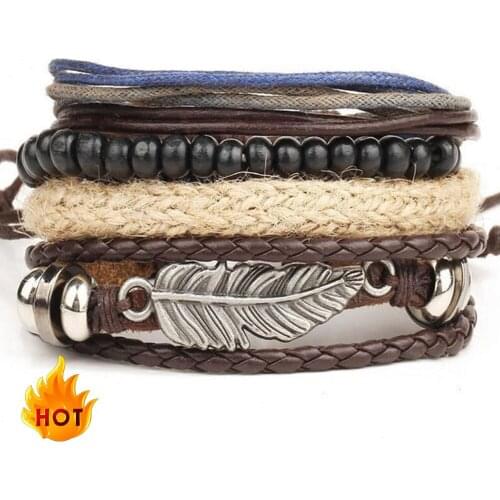 Bracelet men New Mens Braided Leather Stainless Steel Cuff Bangle Bracelet Wristband Handmade Woven Beads Bracelet For men