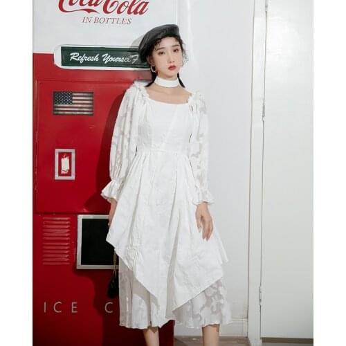 BLLOCUE Autumn Womens White Retro Dress High Waist Irregular Lace Stitching Temperament Party Ladies Long Dress