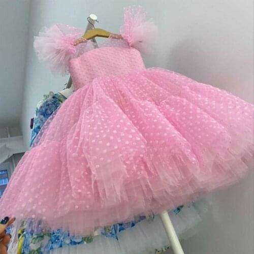 Princess Pink Kids Dresses for Girl Polka Dot Pageant Party Gown Tutu Fluffy Birthday Flower Girl Dresses for Weddings Size 4-10