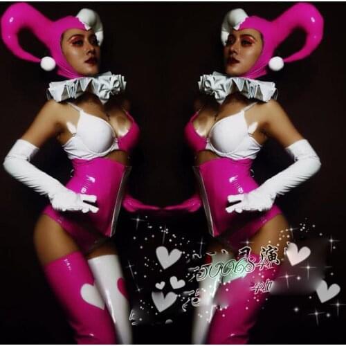 Pink Clown stage costume Halloween amusement park performances clown bikini horns headdress sexy gogo bar wear