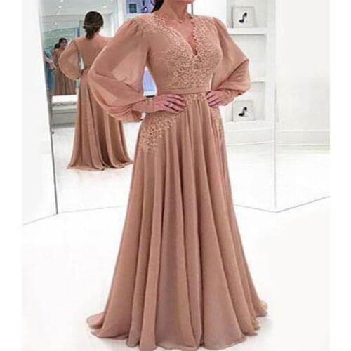 Affordable Deep V Neck Long Bubble Sleeves Champagne Long Chiffon Wedding Guest Dress Mother of The Bride Dress