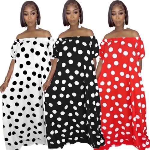 Somoshein S-2XL 2021 women clothing autumn sexy casual beach dot printing loose long dress with pockets Wholesale Dropshopping