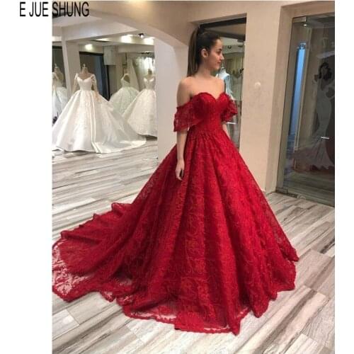 E JUE SHUNG Dark Red Lace Wedding Dresses Off Shoulder Sweetheart Modest Backless Wedding Gowns vestido de noiva Bridal Gowns