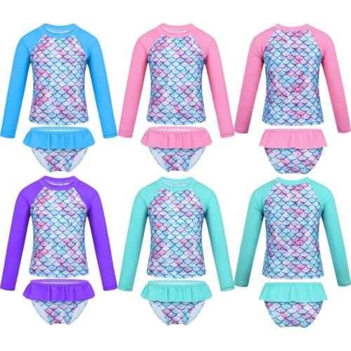 3T-8 Little Kids Girls Tankini Long Sleeves Fish Scales Printed Rashguard Swimsuit Swimwear Bathing Suit Set Tops with Bottoms