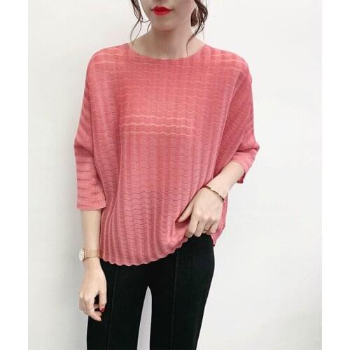 Plus Size Tops For Women 45-75kg 2020 Summer Simple Solid Colour Round Neck 3/4 Sleeves Loose Miyake Pleated Tee Tops Female