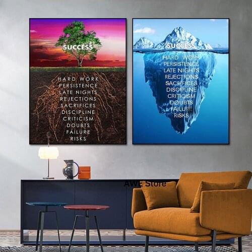 Inspirational Text Success Tree And Glaciers Print On Canvas Painting Wall Art Picture For Living Room Home Decor