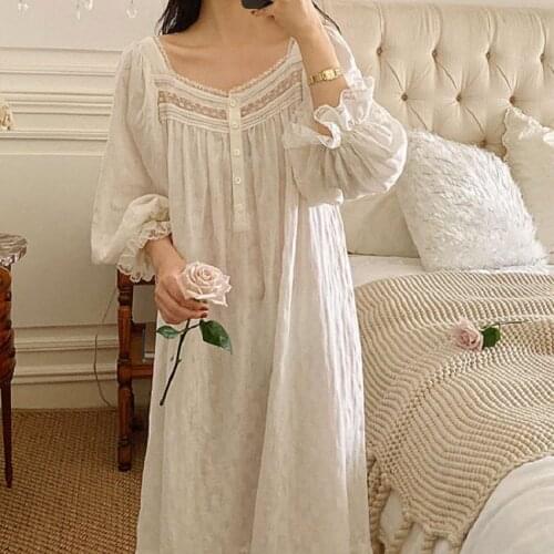 Vintage Soft Cotton Long Nightgowns For Women Long Sleeve Elegant Nightshirts Comfortable Loose Night Dress
