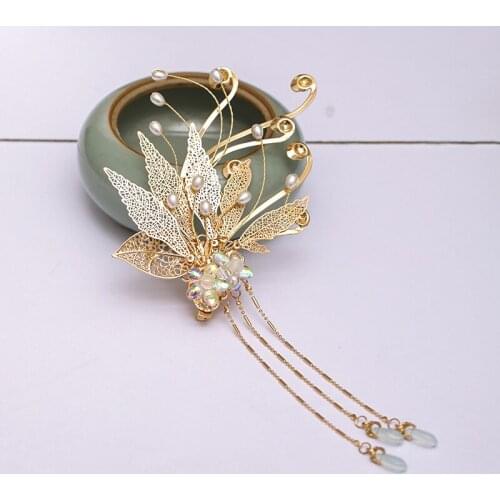 Traditional Chinese Hairpins Gold Color Metal Long Tassel Headpieces Hairgrips for Bride Noiva Wedding Hair Jewelry Accessories
