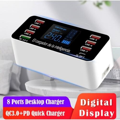 60W Mobile Phone Charging Station USB C Desktop 8 Ports USB Charger Hub Quick Charge 3.0 18W PD Charger LED Display Multi Ports