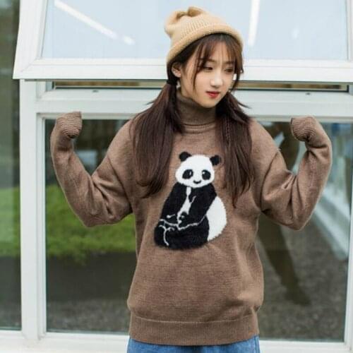 Women Turtlenek Sweaters Ladies Cartoon Panda Embroidery Cute Knitted Pulover 2021 Winter Teenagr Girl Long Sleeve Warm Jumper