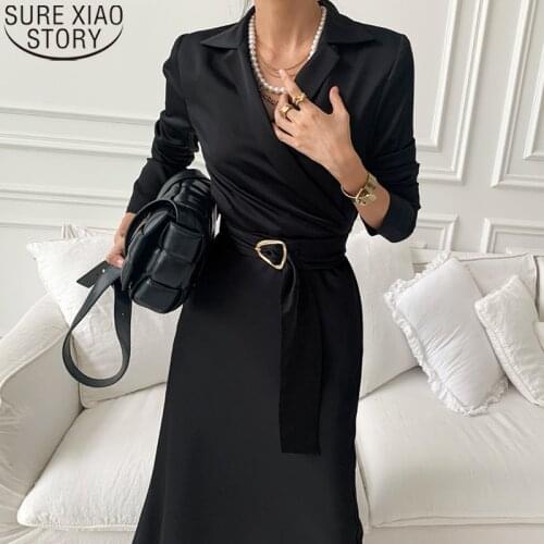 Office Lady Elegant Black Long Dress French Style Notched Cross Lace Up High Waist Glossy Suit Dresses Women Vestidos 12799