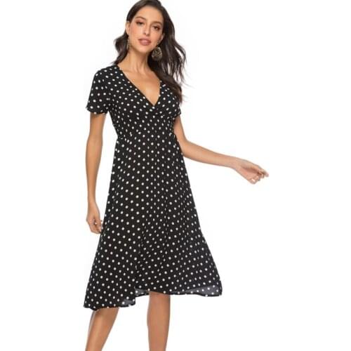 Dot Print Summer Women Dress Casual Elastic Waist Boho Beach Dresses Floral Print Vintage Midi Dress Vestido