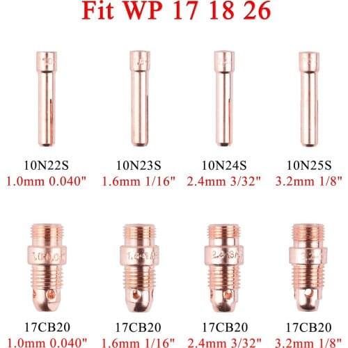 1.0/1.6/2.4/3.2mm TIG Collet And Collet Body 10N22S 10N23S 10N24S 10N25S 17CB20 0.040" 1/16" 3/32" 1/8" For TIG WP17 18 26 Torch