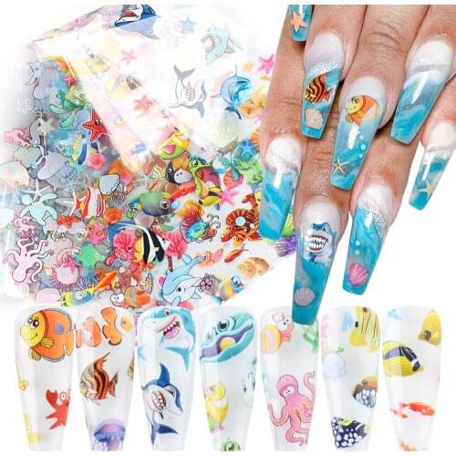 10pcs 3D Ocean Style Nail Foils Tropical Fish Holographic Sticker Full Wraps Cartoon Nail Art Decorations Designs Tool NFSW7015