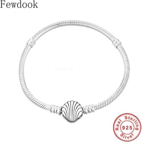 100% 925 Sterling Silver Shell Shape Clips Bracelet Fit Charm Bead Pendant Snake Chain Bangle For Women No Logo Berloque