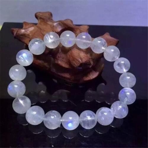 11mm Genuine Blue Lights Natural Moonstone Bracelets Transparent Healing Crystal Natural Stone Round Bead Bracelet