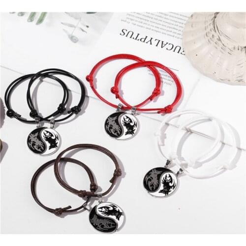 2pcs\Set Punk Retro Couple Tai Chi Black and White Wolf Bracelet Zinc Alloy Metal Men and Women Gift Friendship Charm Necklace
