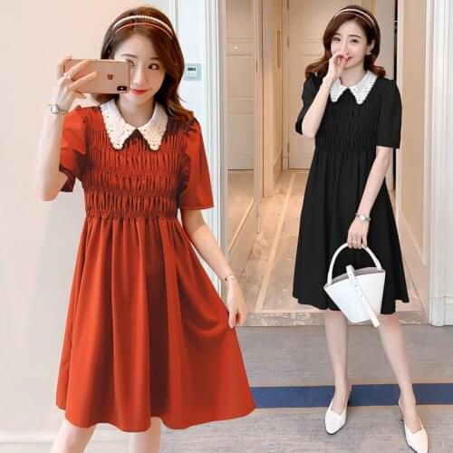 9127# Maternity Dress Summer Turn Down Collar Chiffon Short Sleeve Loose Stylish Dress for Pregnant Women Mom Dress