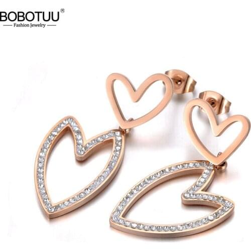 BOBOTUU Titanium Stainless Steel Crystal Love Double Heart Earrings Bohemia Rhinestone Stud Earrings Jewelry For Women BE19248