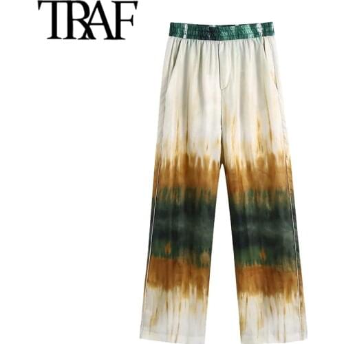 TRAF Women Chic Fashion Tie-Dye Print Straight Pants Vintage High Elastic Waist Side Pockets Female Trousers Mujer