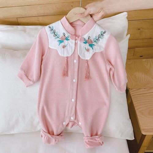 Long Sleeve Baby Romper Flower Embroidery Tassel Baby Girl Onesie Pink Color Princess Costume Christmas Infant Jumpsuit