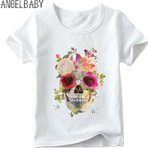 Boys/Girls Flower Skull Colorful Print T-shirt Children Summer Short Sleeve Tops Baby Kids Casual Funny T shirt,ooo2147