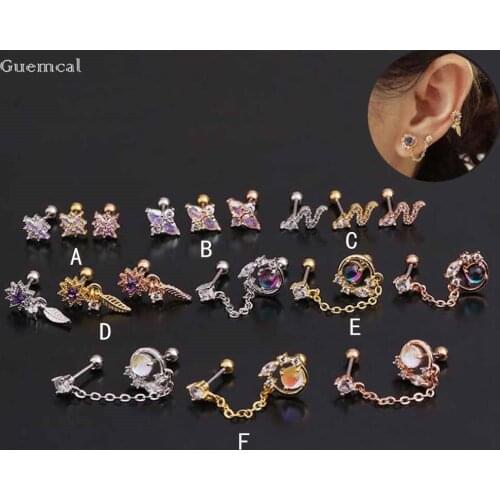 Guemcal 2pcs Hot Selling Sweet Zircon Flower Leaf Chain Double Pierced Earrings Piercing Jewelry