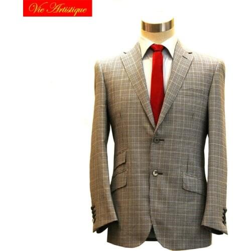 Custom tailor made Mens bespoke suits business formal wedding bespoke 2 piece Jacket coat pant coffee window plaid fine wool