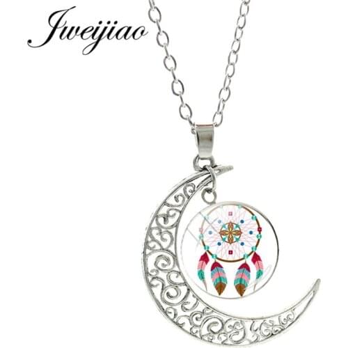 JWEIJIAO Trendy Dreamcatcher Moon Pendant Necklace Colorful feather Glass Cabochon Dream Catcher Necklace Charm Jewelry DH48