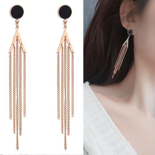 Korea Geometric Round Tassel Drop Earrings For Women Fashion Rose Gold Titanium Steel Jewelry Oorbellen Brincos Aretes De Mujer
