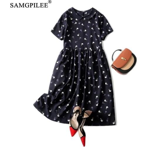 Summer 2021 Animal Pattern Korean Style High Waist Slimming Peter Pan Collar Short Sleeve Knee Length Chiffon Dress Plus Size